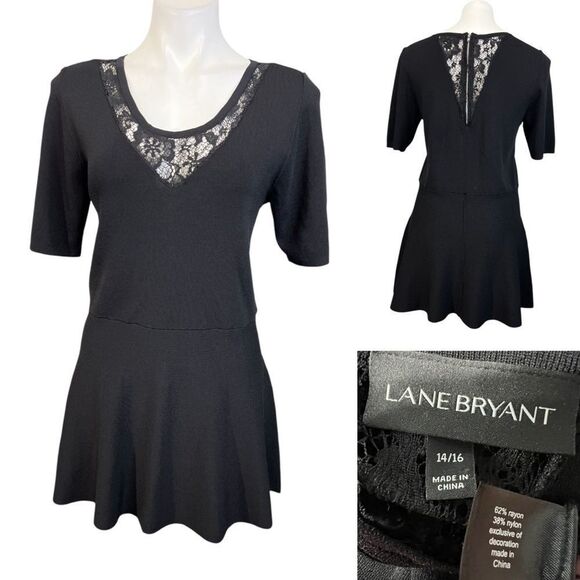 Lane Bryant top Black Lace Inset Stretch Knit Short Sleeve Peplum Plus Sz 14-16 - Picture 1 of 6